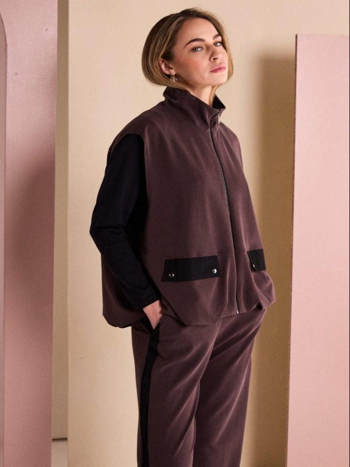 Naya Sleeveless Jacket In Black/Chocolate-Nicola Ross