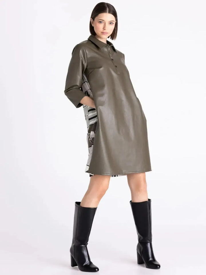 Tuzzi Faux Leather Printed Dress In Dark Olive 421502-Nicola Ross