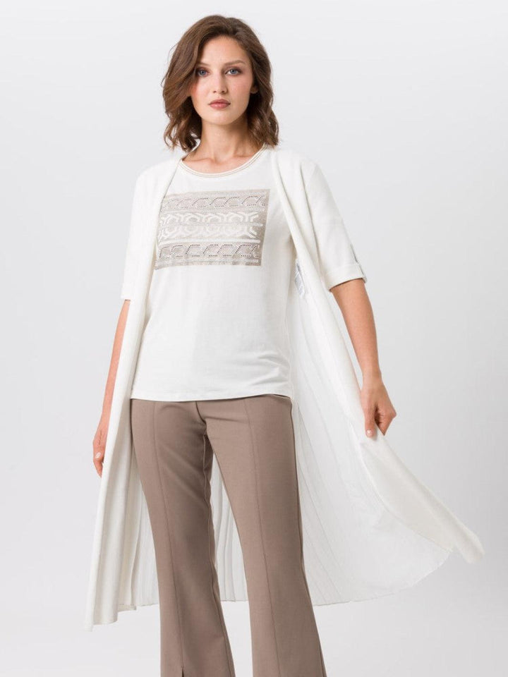Tuzzi Long Pleated Cardigan in Ecru 412053-Nicola Ross