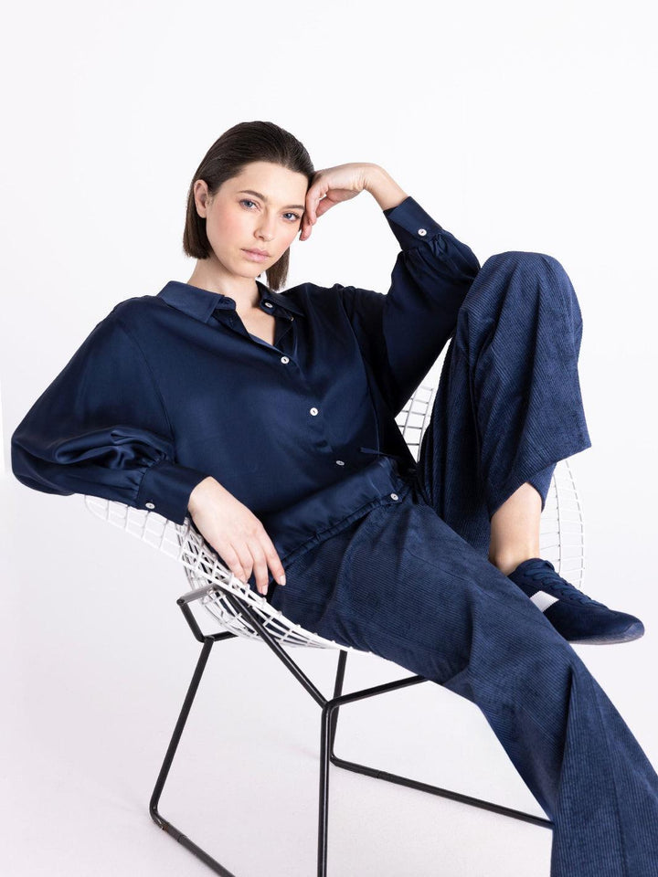 Tuzzi Satin Drawstring Shirt In Midnight Blue 444106-Nicola Ross