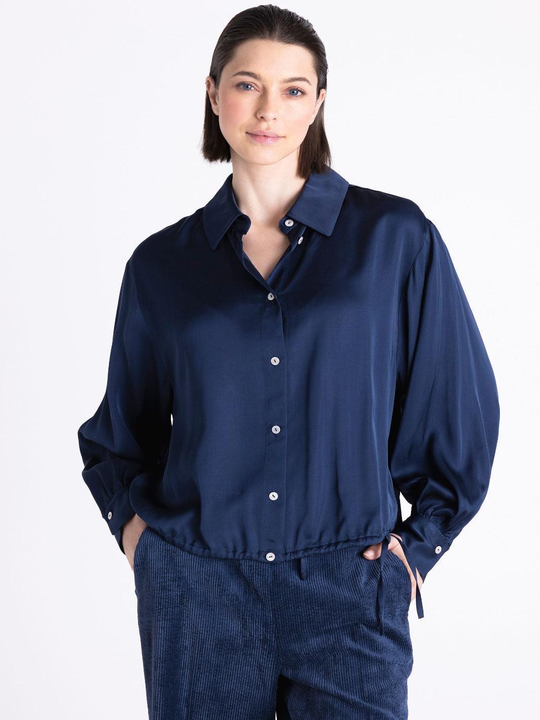 Tuzzi Satin Drawstring Shirt In Midnight Blue 444106-Nicola Ross