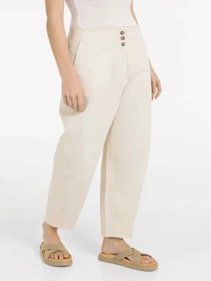 Yaya High Waist Barrel Leg Trousers in Sand 301250-Nicola Ross