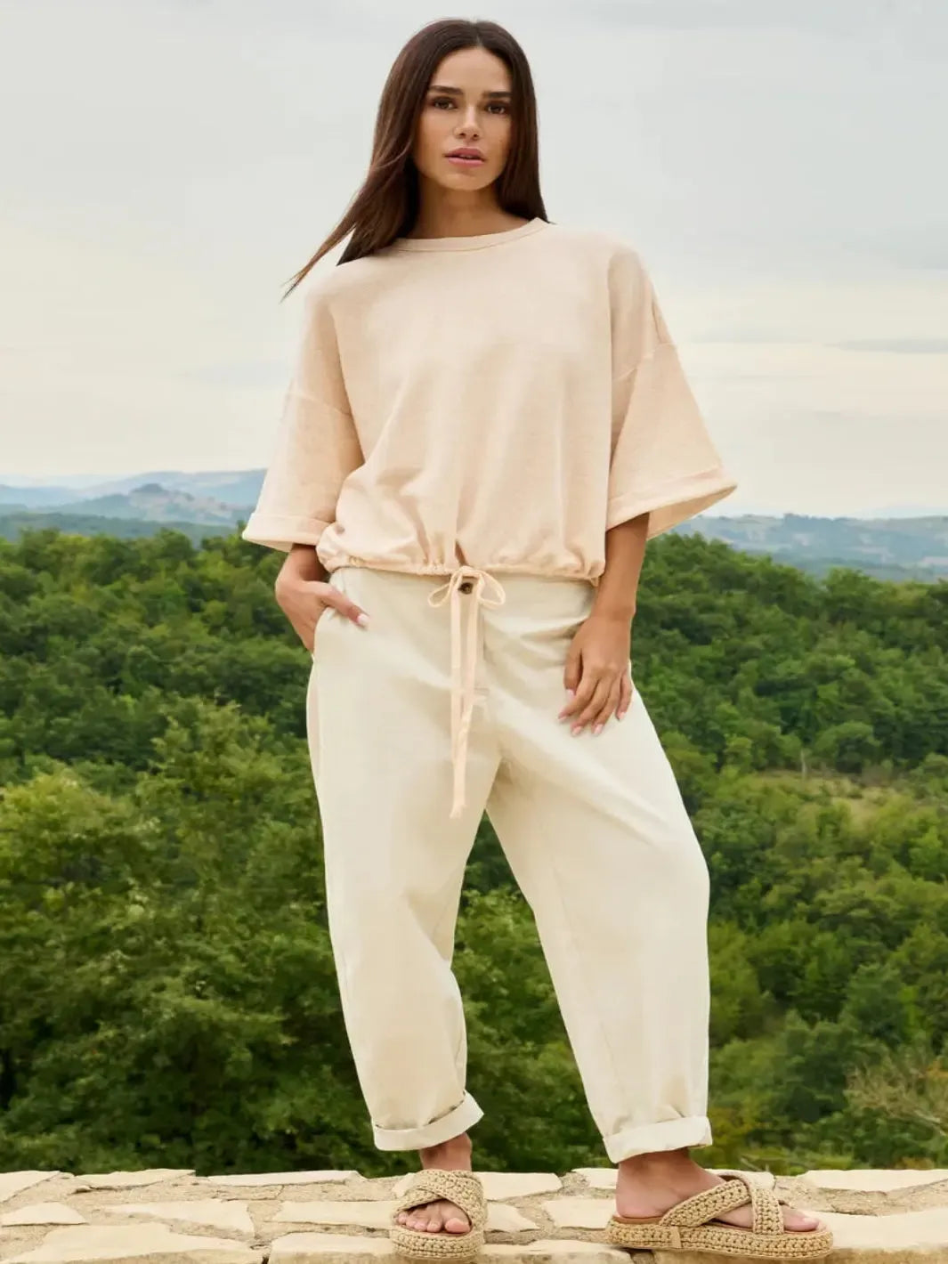 Yaya High Waist Barrel Leg Trousers in Sand 301250-Nicola Ross