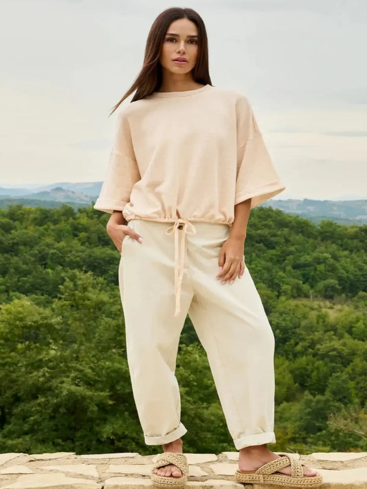 Yaya High Waist Barrel Leg Trousers in Sand 301250-Nicola Ross