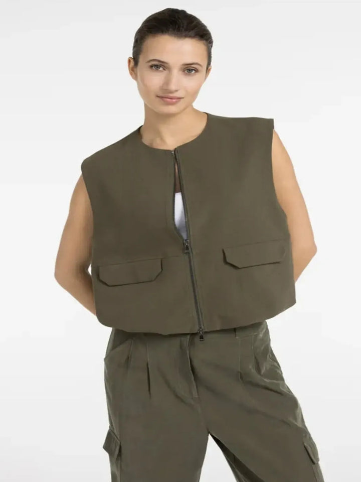 Yaya Sleeveless Zip Jacket in Army Green 511051-Nicola Ross