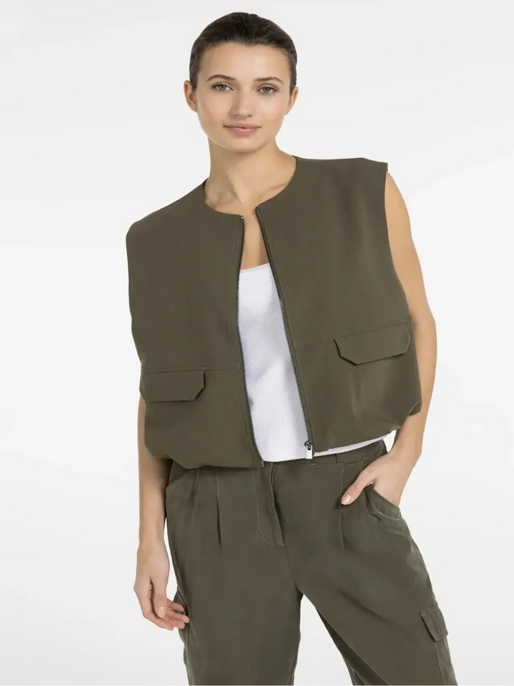 Yaya Sleeveless Zip Jacket in Army Green 511051-Nicola Ross