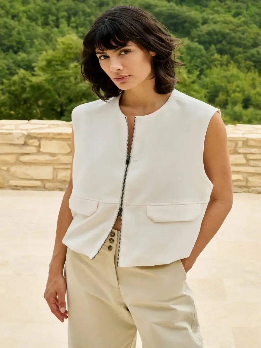 Yaya Sleeveless Zip Jacket in White 511051-Nicola Ross