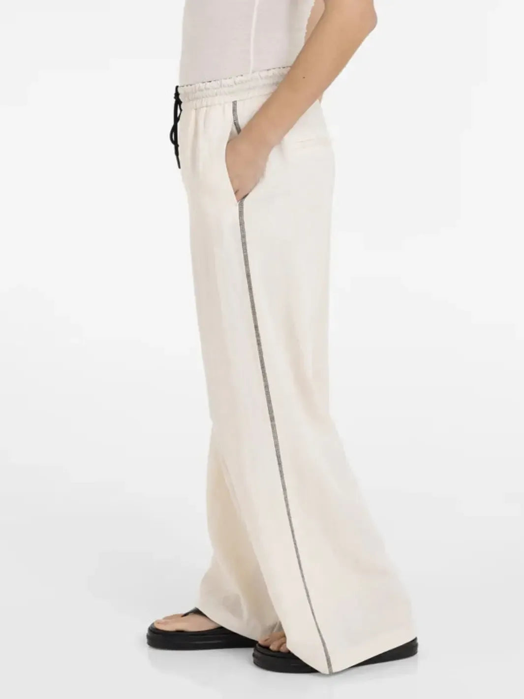 Yaya Wide Leg Trousers with Contrast Detail In Cream-Nicola Ross