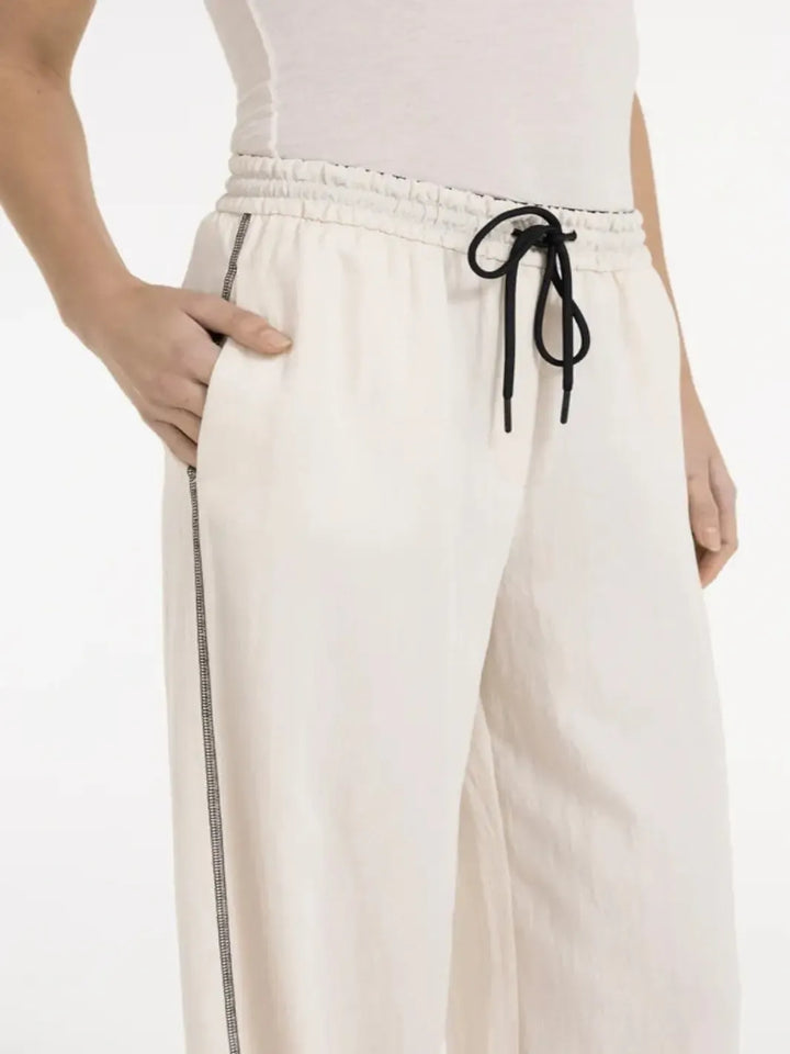 Yaya Wide Leg Trousers with Contrast Detail In Cream-Nicola Ross
