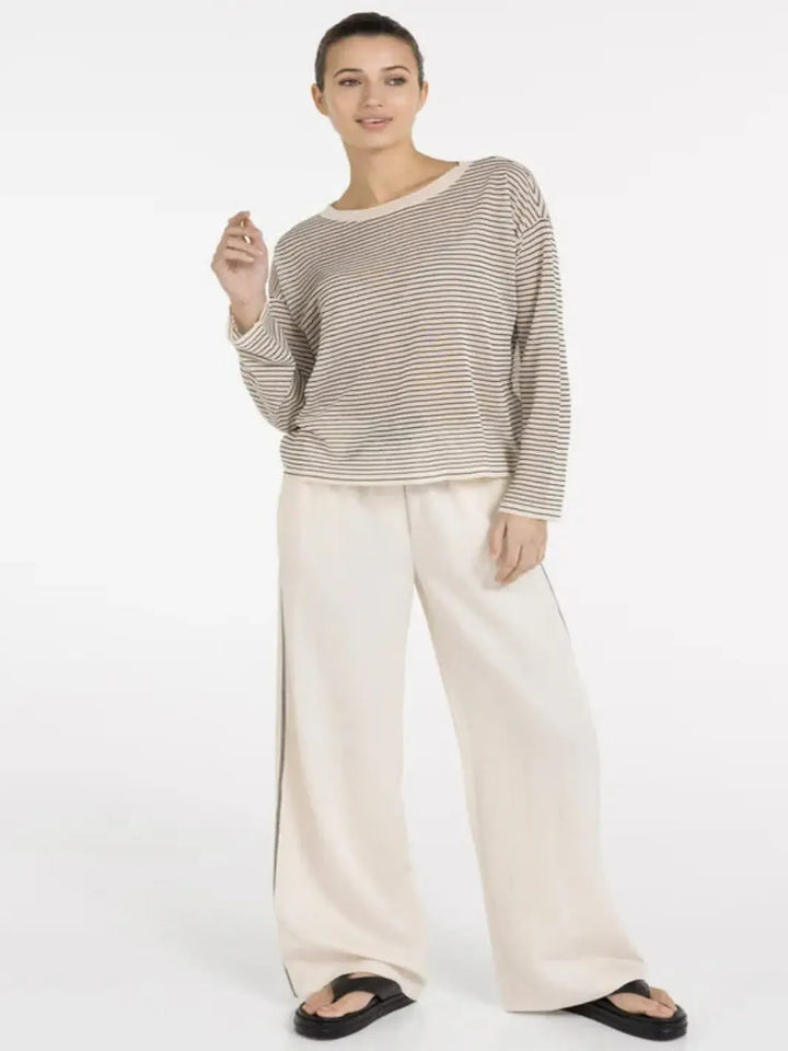 Yaya Wide Leg Trousers with Contrast Detail In Cream-Nicola Ross