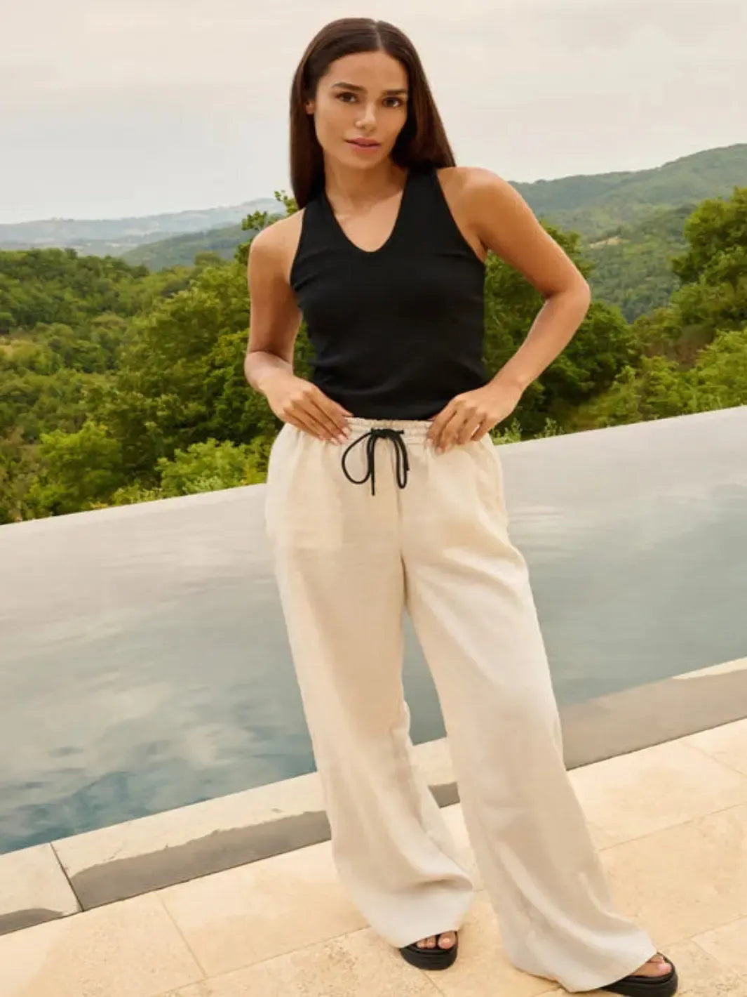Yaya Wide Leg Trousers with Contrast Detail In Cream-Nicola Ross