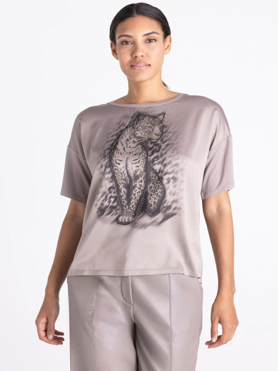 Tuzzi Embellished Leopard T-Shirt In Taupe 424454