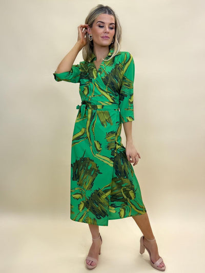 Kate & Pippa Sienna Wrap Dress In Green Print-Nicola Ross