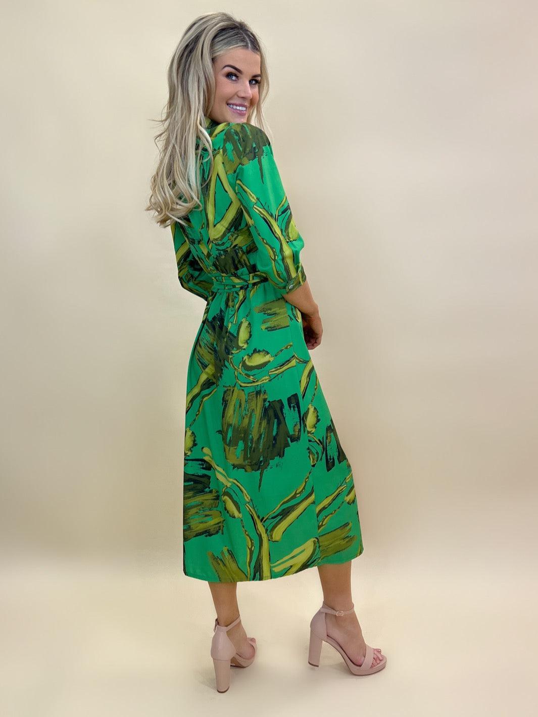 Kate & Pippa Sienna Wrap Dress In Green Print-Nicola Ross