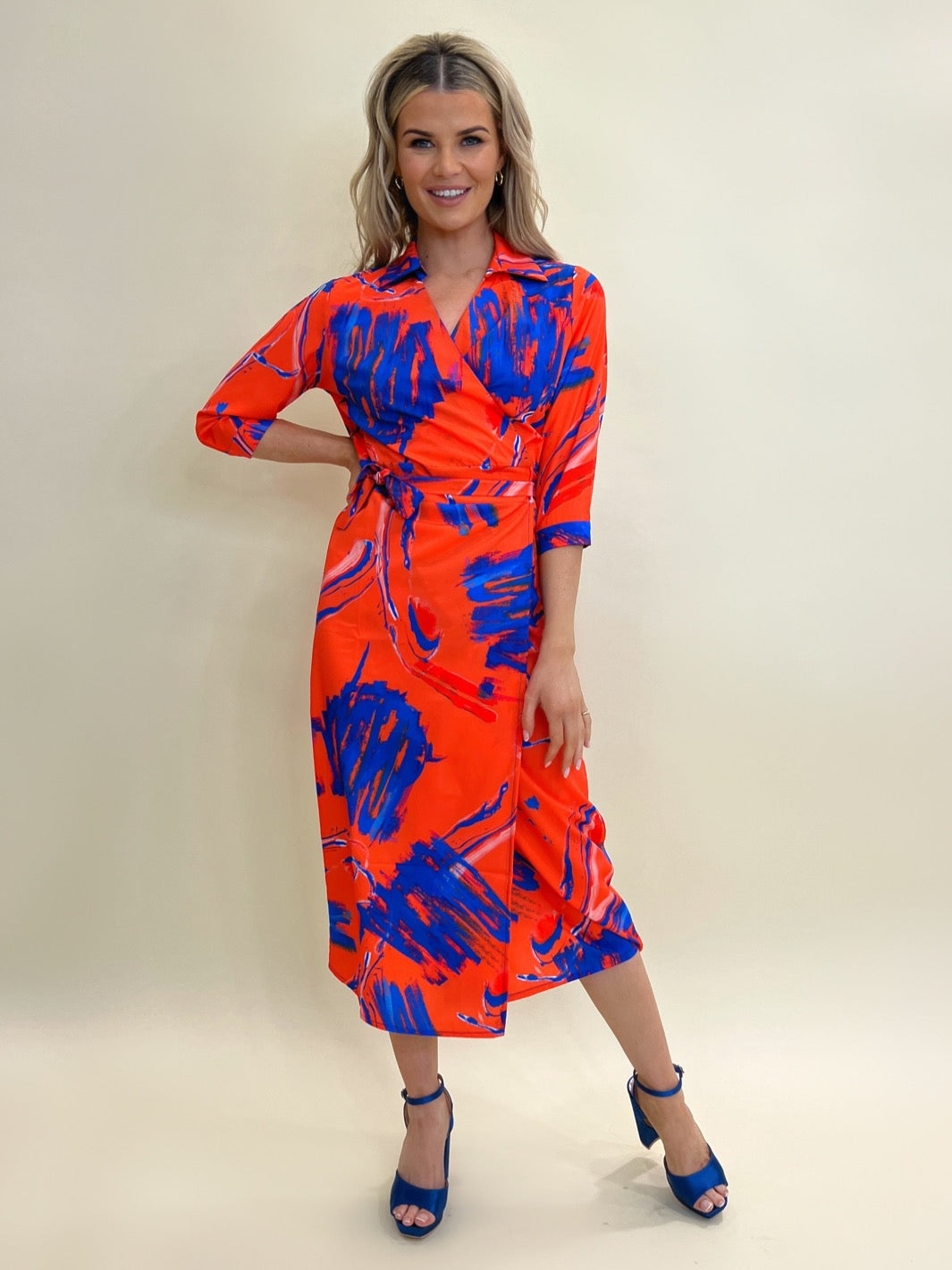 Kate & Pippa Amalfi Wrap Dress In Orange/ Blue Print-Nicola Ross