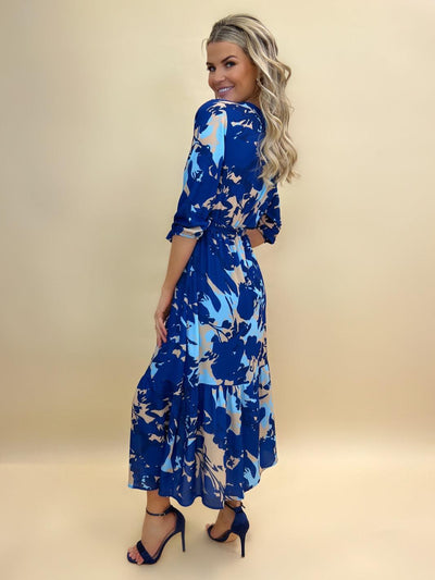 Kate & Pippa Boho Midi Dress In Blue / Cream Print-Nicola Ross