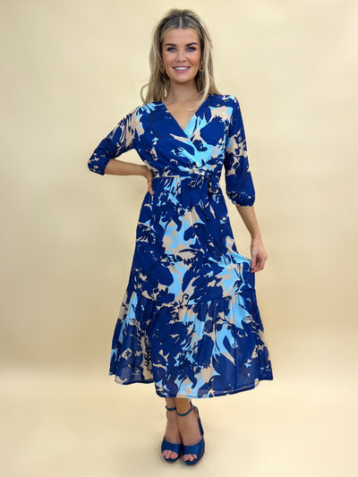 Kate & Pippa Boho Midi Dress In Blue / Cream Print-Nicola Ross