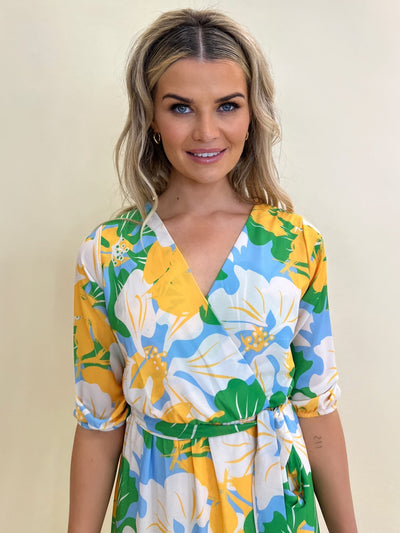 Kate & Pippa Boho Midi Dress In White/Green/Yellow Floral-Nicola Ross