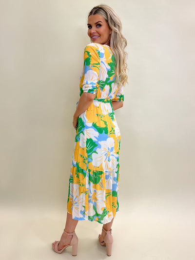 Kate & Pippa Boho Midi Dress In White/Green/Yellow Floral-Nicola Ross