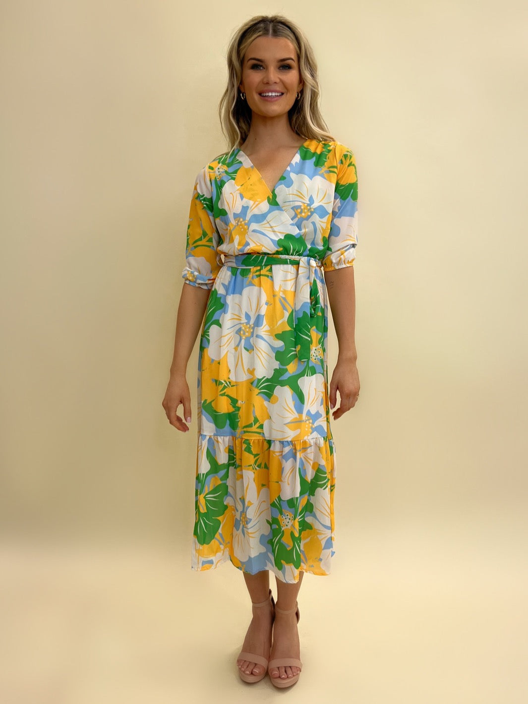 Kate & Pippa Boho Midi Dress In White/Green/Yellow Floral-Nicola Ross