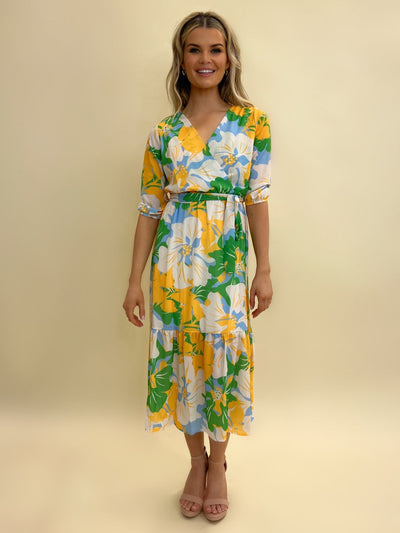 Kate & Pippa Boho Midi Dress In White/Green/Yellow Floral-Nicola Ross