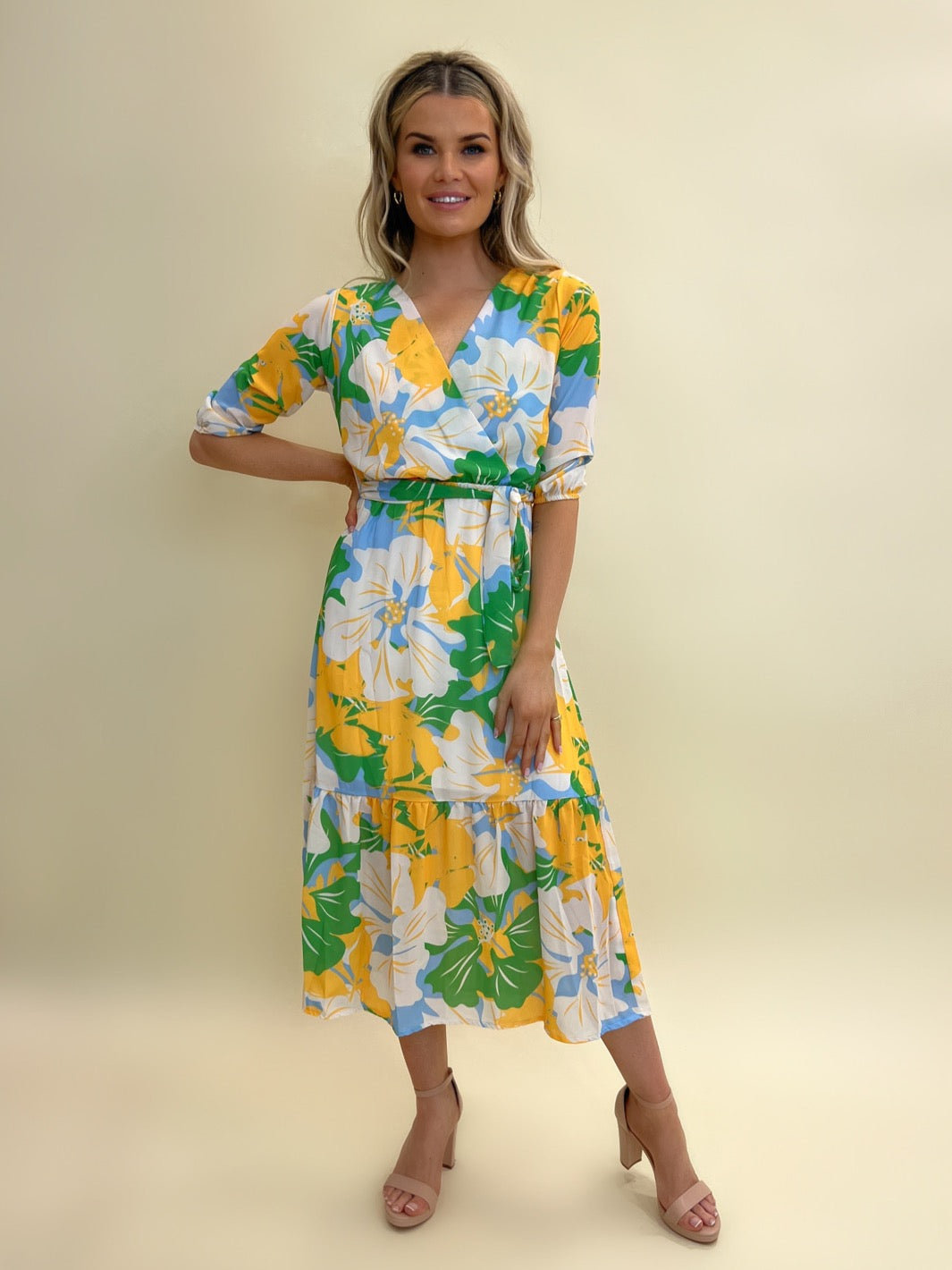 Kate & Pippa Boho Midi Dress In White/Green/Yellow Floral-Nicola Ross