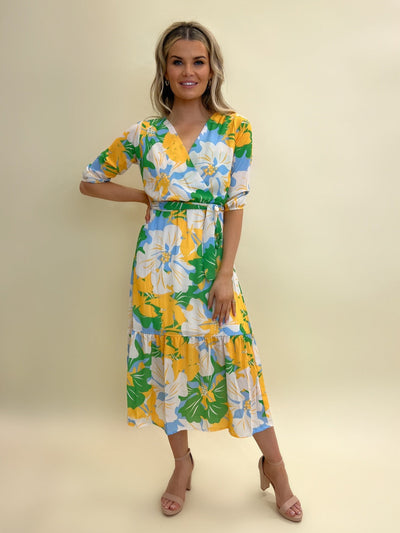 Kate & Pippa Boho Midi Dress In White/Green/Yellow Floral-Nicola Ross