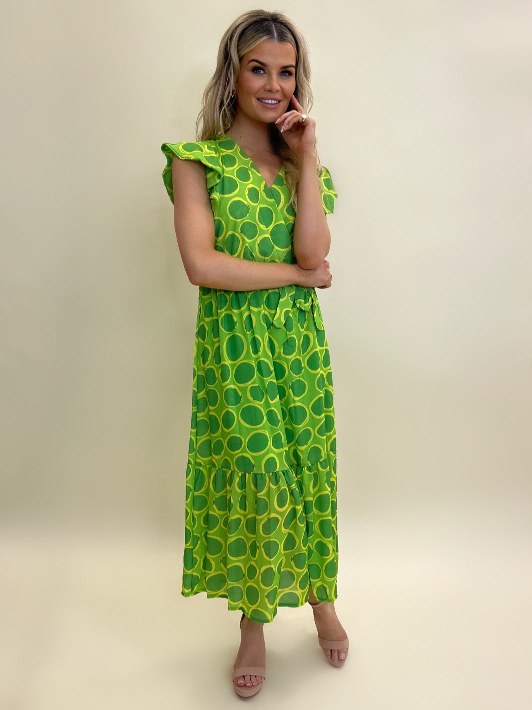 Kate & Pippa Boho Venezia Midi Dress In Lime Green Bubble-Nicola Ross