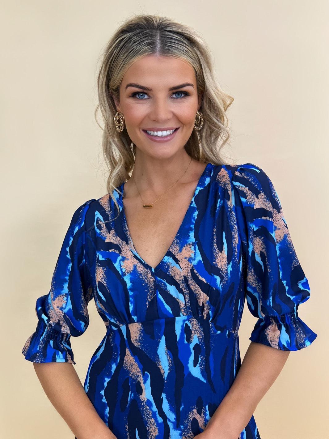 Kate & Pippa Streasa Dress In Blue / Cream Print-Nicola Ross